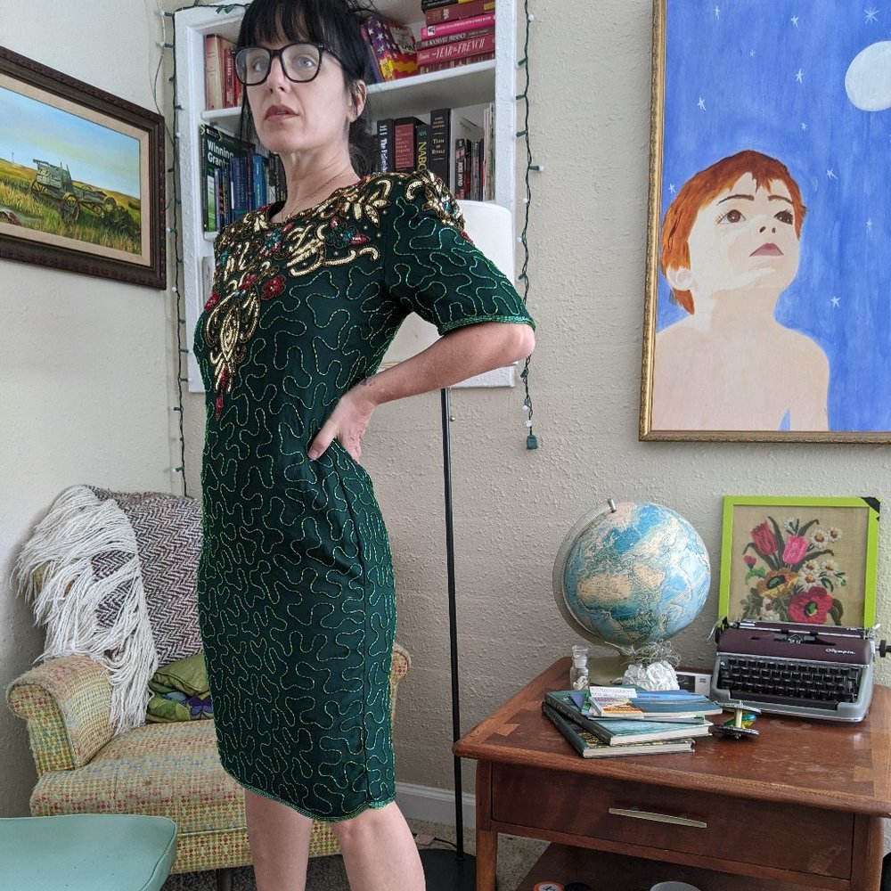 Rare Vintage Emerald Green Beaded Cocktail Dress